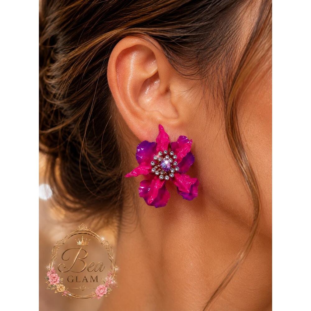 Betsey Johnson Orchid Flower Earrings, Hand-Painted Enamel, Crystal Studs - Picture 2 of 5